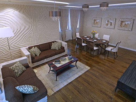 Luxury studio apartments in modern design. Beautiful  leather sofas and mahogany wood low table. 3D renderの写真素材