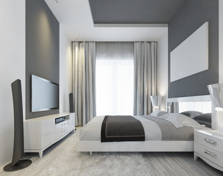 Luxurious bedroom with a large window to the floor in a Contemporary style. Gray inlays on the ceiling and on the wall. On the wall of media system with TV and mockup poster. 3D render.の写真素材