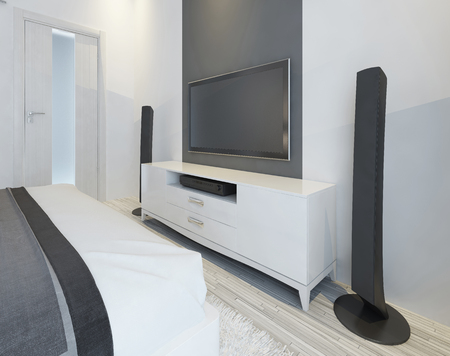 TV and music speakers in modern light bedroom. 3D render.