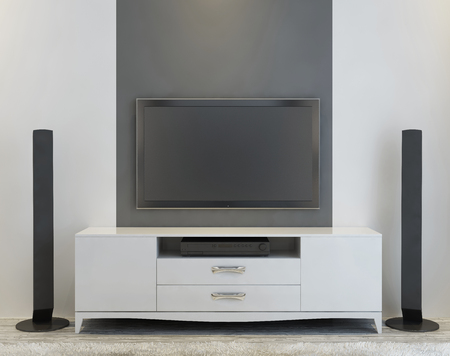 Front view of elegant white console TV and music speakers. 3D render.の写真素材