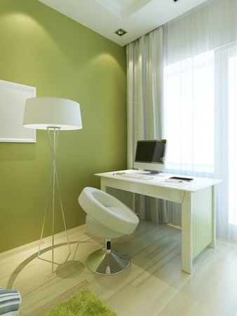 Workplace with a table and a chair in Contemporary style in the nursery. A room in a light green colors with white furniture. Desk with laptop and appliances. 3D render.の写真素材