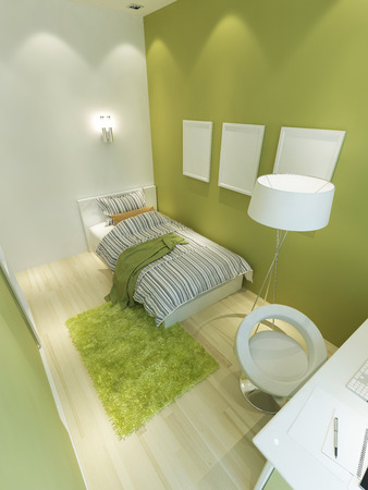 Room for a teenager in a modern style in light green and white colors. A bed, a floor lamp and a workplace for a teenager. 3D render.の写真素材