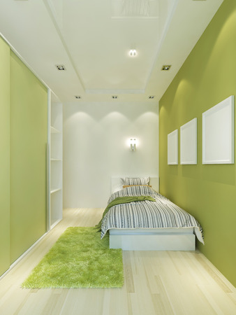 Narrow children's room in a modern style with a bed and a wardrobe in light green colors. 3D render.の写真素材