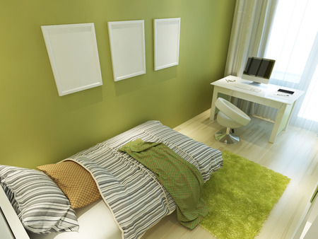 Contemporary teen room for green color with a bed and a desk. Mockup posters on the wall. 3D render.の写真素材