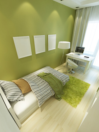 Light green nursery in Contemporary style with a bed and a desk in white and light green shaggy carpet. 3D render.の写真素材