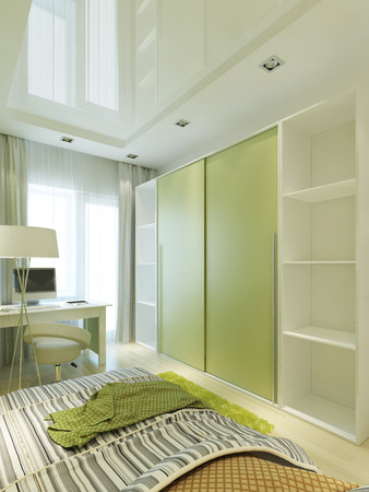 Room for a teenager in a modern style with a large sliding closet wardrobe in light green and white colors. Dressing room in the nursery for a boy. 3D render.の写真素材