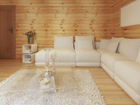 Modern living in a log interior with large white corner sofa. Bedside table with magazines and coffee table with decor. 3D render.の写真素材