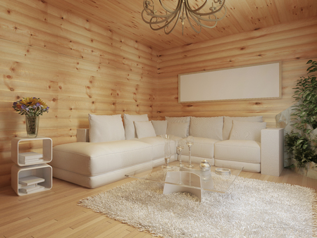 living room interior in a log house. Interior in modern style with a corner sofa and a green area. 3D render.の写真素材