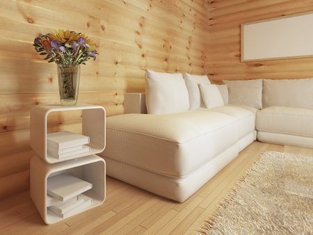 Modern living in a log interior with large white corner sofa. Bedside table with magazines and coffee table with decor. 3D render.の写真素材