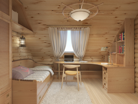 Log interior room for a teenager from the timber in a marine style and decor. Shelving for books with a work desk and a bed of wood. 3D render.の写真素材