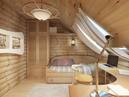 Children for a teenager in a log house in the attic. Children's furniture in marine style. Bed, wardrobe and desk. 3D render.の写真素材