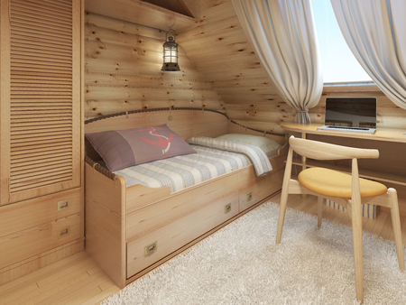 Bed and desk in the children's room in a log house in the attic in a nautical style. 3D render.の写真素材