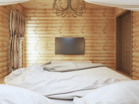 TV unit in a modern bedroom interior in a log. Wall-mounted TV with the console underneath. 3D render.の写真素材