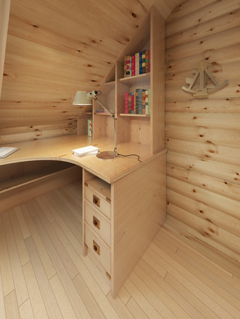 Corner desk and bookcase in a log interior. 3D render.の写真素材