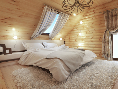 Bedroom interior in a log on the attic floor with a roof window. Large bedroom with bedside tables and a shaggy carpet. Bedroom in modern style. 3D render.の写真素材