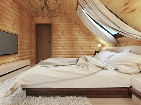 Luxurious bedroom in modern style, with a roof window in the log house. TV with a media console. 3D render.の写真素材