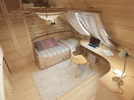 Children for a teenager in a log house in the attic. Children's furniture in marine style. Bed, wardrobe and desk. 3D render.の写真素材