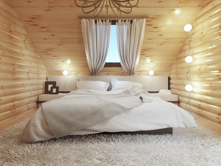 Bedroom interior in a log on the attic floor with a roof window. Large bedroom with bedside tables and a shaggy carpet. Bedroom in modern style. 3D render.の写真素材