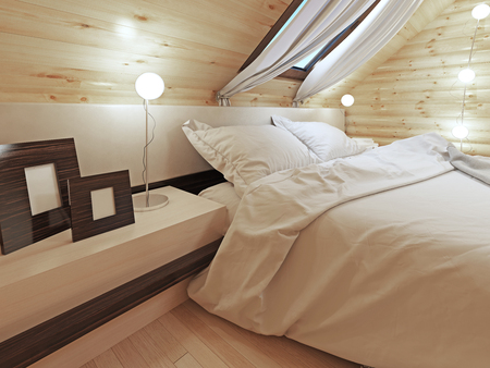 The headboard of the bed with a bedside table with pictures. Contemporary bed with headboard and shelves. Bedroom log cabin style. 3D render.の写真素材