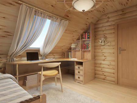 Log interior room for a teenager from the timber in a marine style and decor. Shelving for books with a work desk and a bed of wood. 3D render.の写真素材
