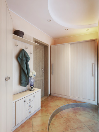 Hallway in modern style with hangers, a mirror dressing table and a large sliding closet. 3D render.の写真素材