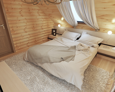 Bedroom interior in a log on the attic floor with a roof window. Large bedroom with bedside tables and a shaggy carpet. Bedroom in modern style. 3D render.の写真素材