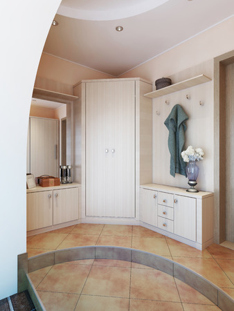 Hallway in modern style with hangers, a mirror dressing table and a large sliding closet. 3D render.の写真素材