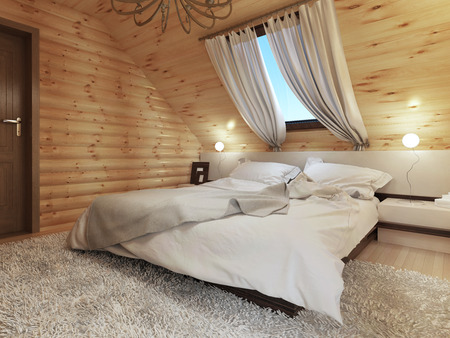 Bedroom interior in a log on the attic floor with a roof window. Large bedroom with bedside tables and a shaggy carpet. Bedroom in modern style. 3D render.の写真素材
