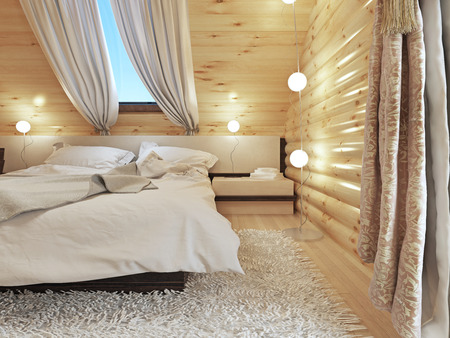Bedside tables with lamps and a floor lamp in the modern bedroom. Bedroom interior in a log house. 3D render.の写真素材