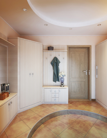 Hallway in modern style with hangers, a mirror dressing table and a large sliding closet. 3D render.の写真素材