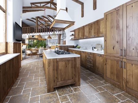 The large kitchen in the loft style with an island in the middle. Wooden furniture with white worktops and mosaic with integrated appliances. Kitchen smoothly into the living room. 3D render.の写真素材