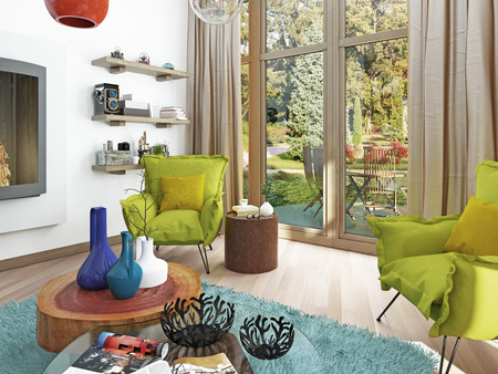 Contemporary living room with a sitting area with two chairs. Comfortable chairs in the style of kitsch green color with a coffee table and floor lamp white. 3D render.の写真素材
