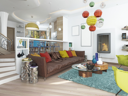 Luxury large living room in the style of kitsch. Contemporary living room with large leather, brown sofa with colorful pillows and two green chairs with a fireplace. 3D render.の写真素材