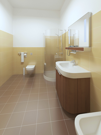 Interior bathroom in Contemporary style. Interior bathroom with brown and yellow tiles on the walls and white ceiling. Furniture made of brown wood. 3D render.の写真素材