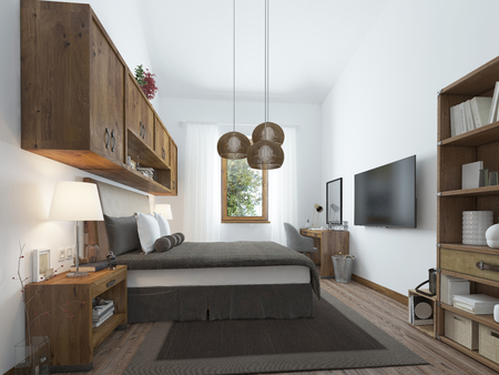 Large bedroom in modern style with elements of a rustic loft. Interesting solution with shelves above the bed and a balcony on the second level with wooden railings. 3D render.の写真素材