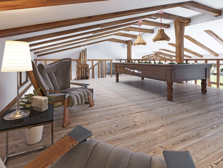 Billiard room in the attic with sitting area and fireplace. Modern billiard room in the loft. Wooden pool table. 3D render.の写真素材