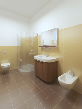 Interior bathroom in Contemporary style. Interior bathroom with brown and yellow tiles on the walls and white ceiling. Furniture made of brown wood. 3D render.の写真素材