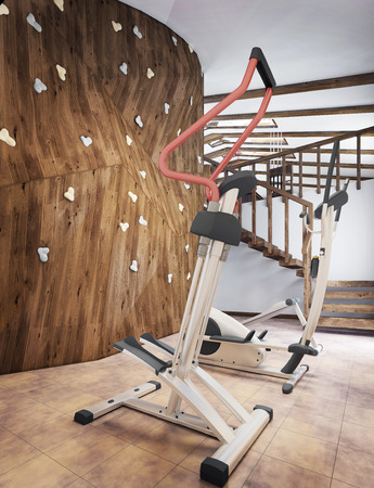 Pool in a private house with gym and climbing wall in the loft style. 3D render.の写真素材