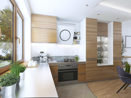 Modern kitchen in the dining room Contemporary style. kitchen facades of light wood with a hood over the stove and built-in appliances. Metal working surface. 3D render.の写真素材