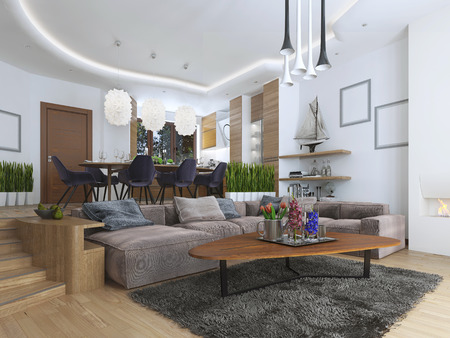 Studio apartment with living room and dining room in a contemporary style. Large sofa with designer coffee low table and decoration on the shelves. Dining in an elevated podium. 3D render.の写真素材