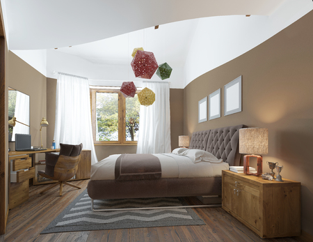 Modern bedroom in the style of Contemporary bedside tables with lamps shining on them. The bedroom has a dressing and a desk with a laptop and decor. with elegant wooden ceiling chandelier. 3D render.の写真素材