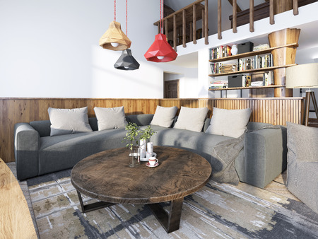 Large corner sofa in the living room luxury loft style, with wood paneled walls and a second level with a handrail. 3D render.の写真素材