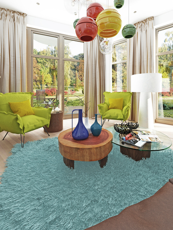 Contemporary living room with a sitting area with two chairs. Comfortable chairs in the style of kitsch green color with a coffee table and floor lamp white. 3D render.の写真素材