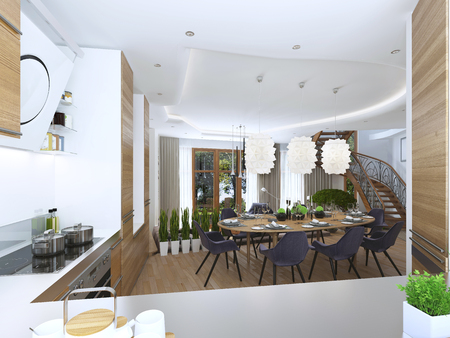 dining kitchen design in a modern style with a dining table and kitchen furniture. Wooden furniture in bright colors, the chairs are upholstered with cloth eggplant color. Beautiful designer chandelier over the table. 3D render.の写真素材