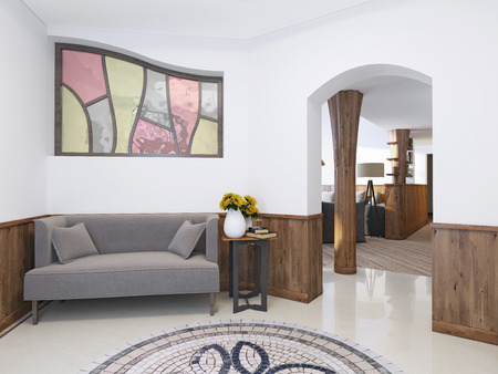 Hall home in a loft style with a high ceiling with lighting. The floor mosaic and marble tiles. Against the wall with a low sofa table. 3D render.の写真素材