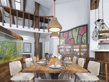 Modern dining room built into the kitchen space. Large dining wooden table for eight people. 3D render.の写真素材