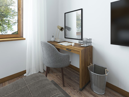 Working space with a desk. Above the table hangs a mirror on the desk working papers and decor. Dressing table in the bedroom in the loft. 3D render.の写真素材