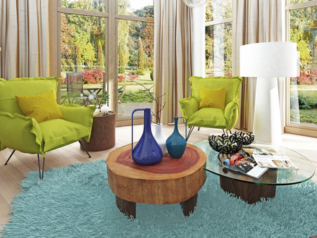 Contemporary living room with a sitting area with two chairs. Comfortable chairs in the style of kitsch green color with a coffee table and floor lamp white. 3D render.の写真素材