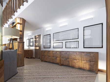 The corridor in a loft-style with wood paneling and paintings on the walls. Against the wall are covered with wooden console patina. 3D render.の写真素材
