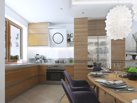 Modern kitchen in the dining room Contemporary style. kitchen facades of light wood with a hood over the stove and built-in appliances. Metal working surface. 3D render.の写真素材
